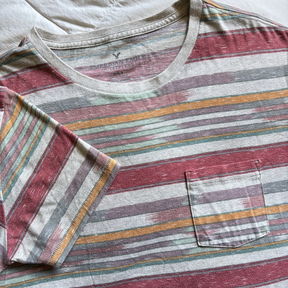 American Eagle Striped Southwestern Pocket TShirt Single Stitch Men M Multi Boho